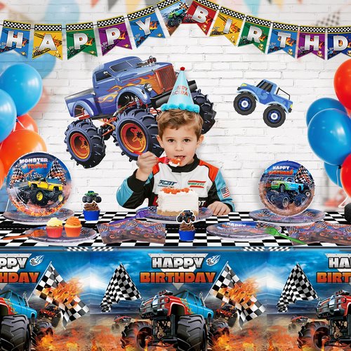 Monster Truck Birthday Decorations Kit - 97 Pcs Machines Jam Party Supplies for Boys Serves 24 Guests, Including Plates, Napkins, Forks & Tablecloth - Perfect for Monster Truck Themed Decor