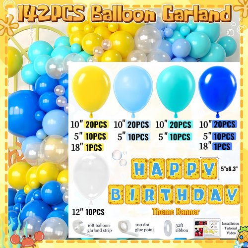 Sponge Birthday Decorations Kit - 153Pcs Under the Sea Party Supplies with Balloon Arch, Backdrop & Video Guide - All-in-One Vibrant Decor for Kids & Teens Birthday, Easy No-Stress Setup