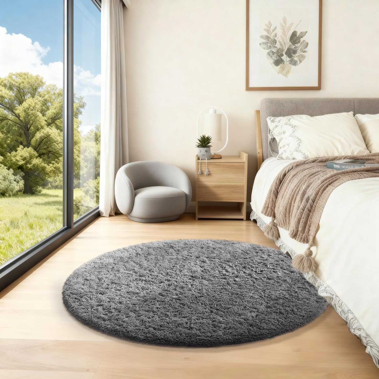 Ophanie Round Rug - 3Ft Grey Plush Shag Area Rug | Soft Fluffy Carpet for Bedroom & Nursery Decor