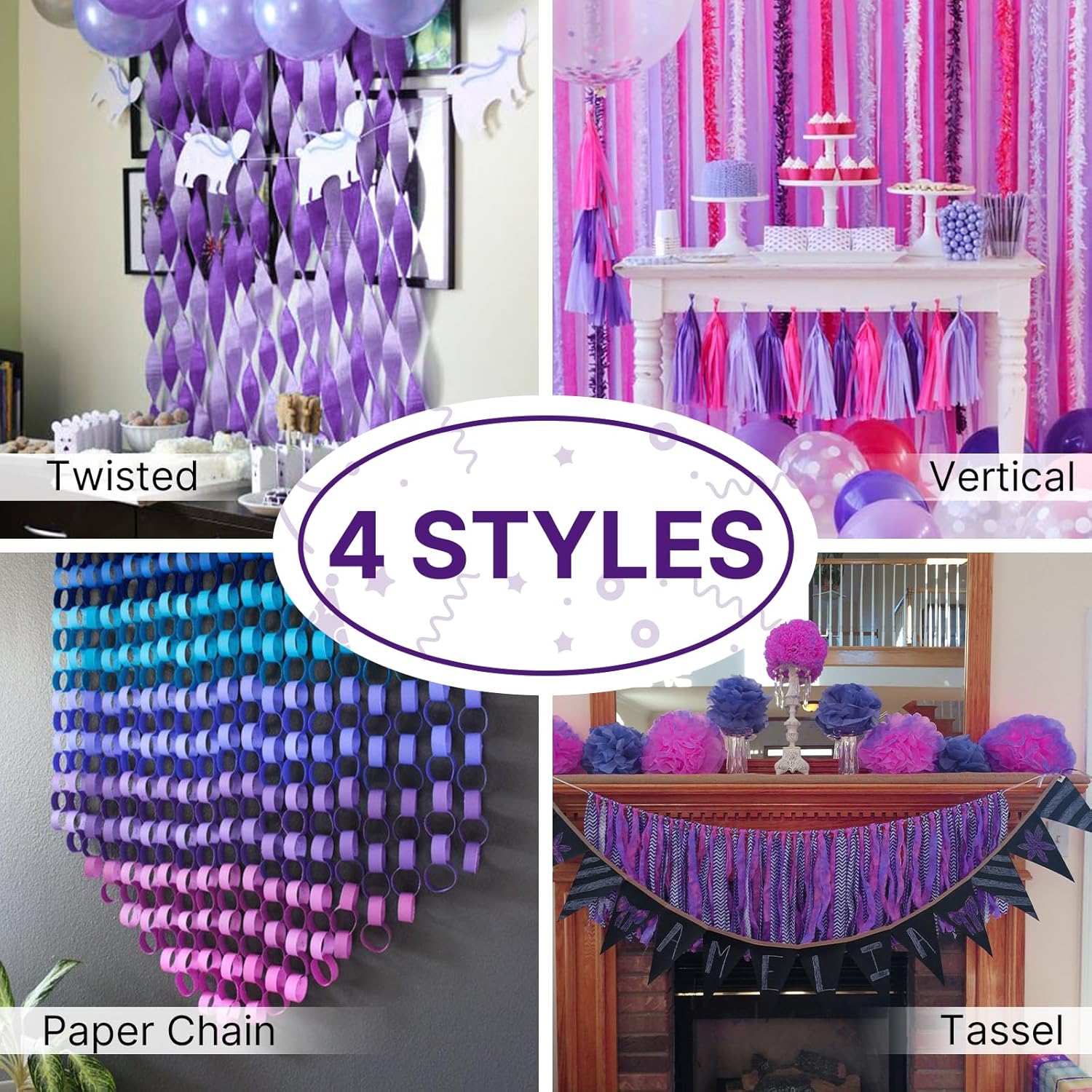 PartyWoo Crepe Paper Streamers - Navy & Purple Party Decorations | 4 Rolls, 328ft Total Length