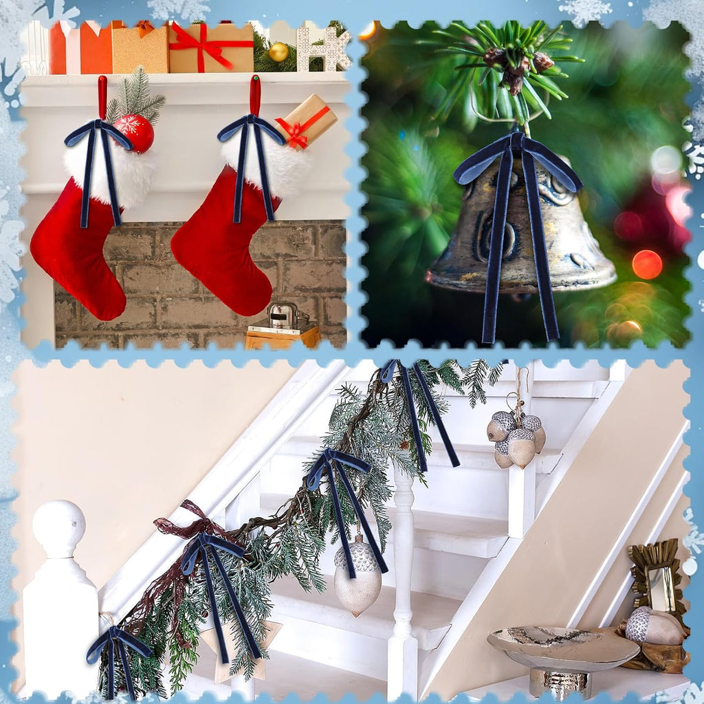 Skiennix Velvet Bows - 24 Pcs Vintage Ribbon for Christmas Tree & Crafts | Navy Blue, 5 x 7 Inch