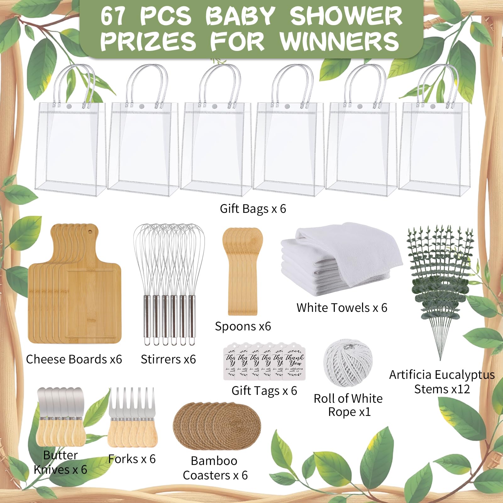 67Pcs Baby Shower Prizes for Game Winners Baby Shower Games Prizes 6 Sets Bamboo Cheese Board Spoon Fork Knives Towel Rattan Coasters Artificial Eucalyptus Stems Thank You Card Stirrers Gift Bags