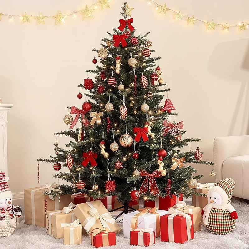 Christmas Tree Ornaments Set 96pcs - Shatterproof Plastic Baubles with Forest Animal Designs in Red & Gold