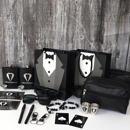 Set 4 Groomsmen Proposal Gifts - Groomsmen Gift Boxes with Leather Bag，Tuxedo Flask, Funnel，Shot Glasse，Poker Card Bottle Openers, Sunglasses, Pen，Bracelet, Card & Gift Bags for Wedding Party