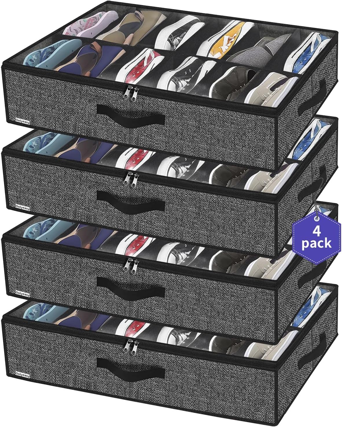 Onlyeasy Under Bed Shoe Storage Organizer - 4 Pack for 12 Pairs | Sturdy, Breathable Black Bags