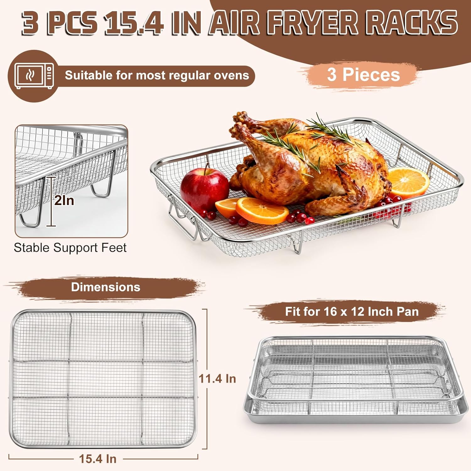 P&P CHEF Air Fryer Basket Set - 15.4 Inch Stainless Steel Racks for Baking & Roasting | Non-Toxic & Dishwasher Safe