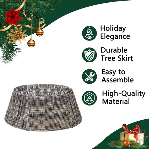 Vencer 26.5''Christmas Tree Collar, Plastic Rattan Xmas Tree Skirt,Rustic Decorations,Tree Skirt Base for Christmas Tree Decorations,Grey,VTO-039