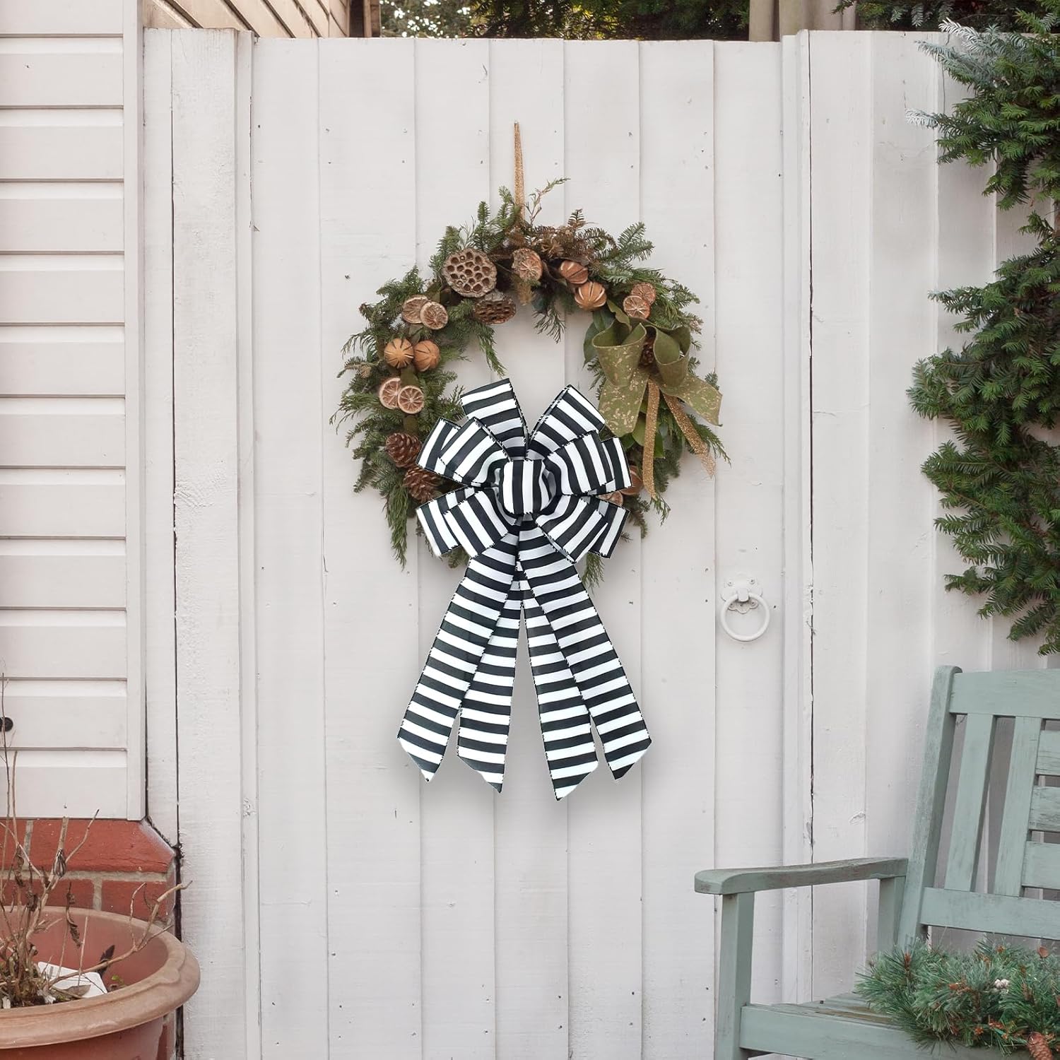 Regine Switzerland Large Black and White Stripe Wreath Bow - Rustic Burlap Design for Christmas & Weddings