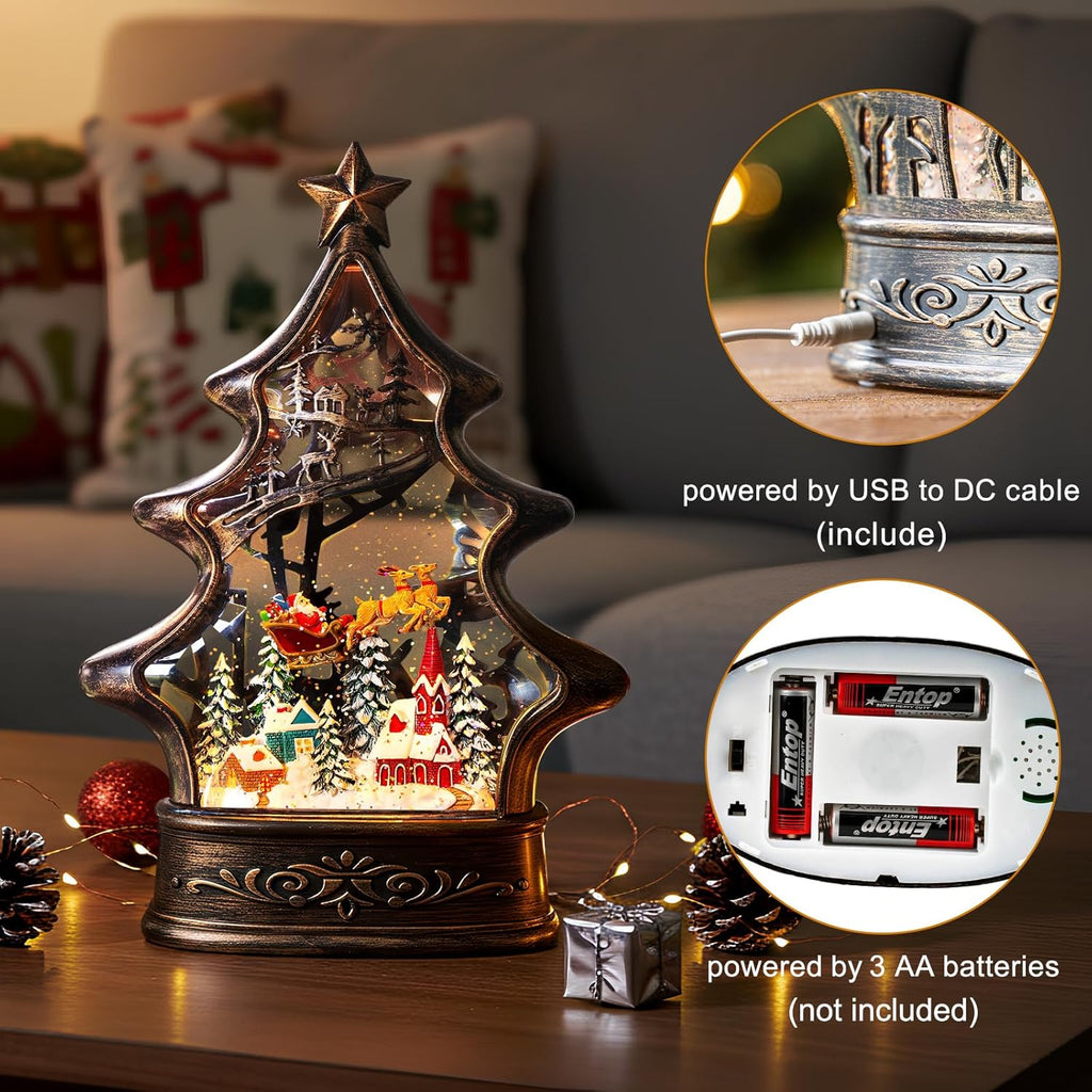 Regine Switzerland Christmas Snow Globe Lantern - Glittering Buildings & Santa's Deer | USB & Battery Operated with Music & Timer
