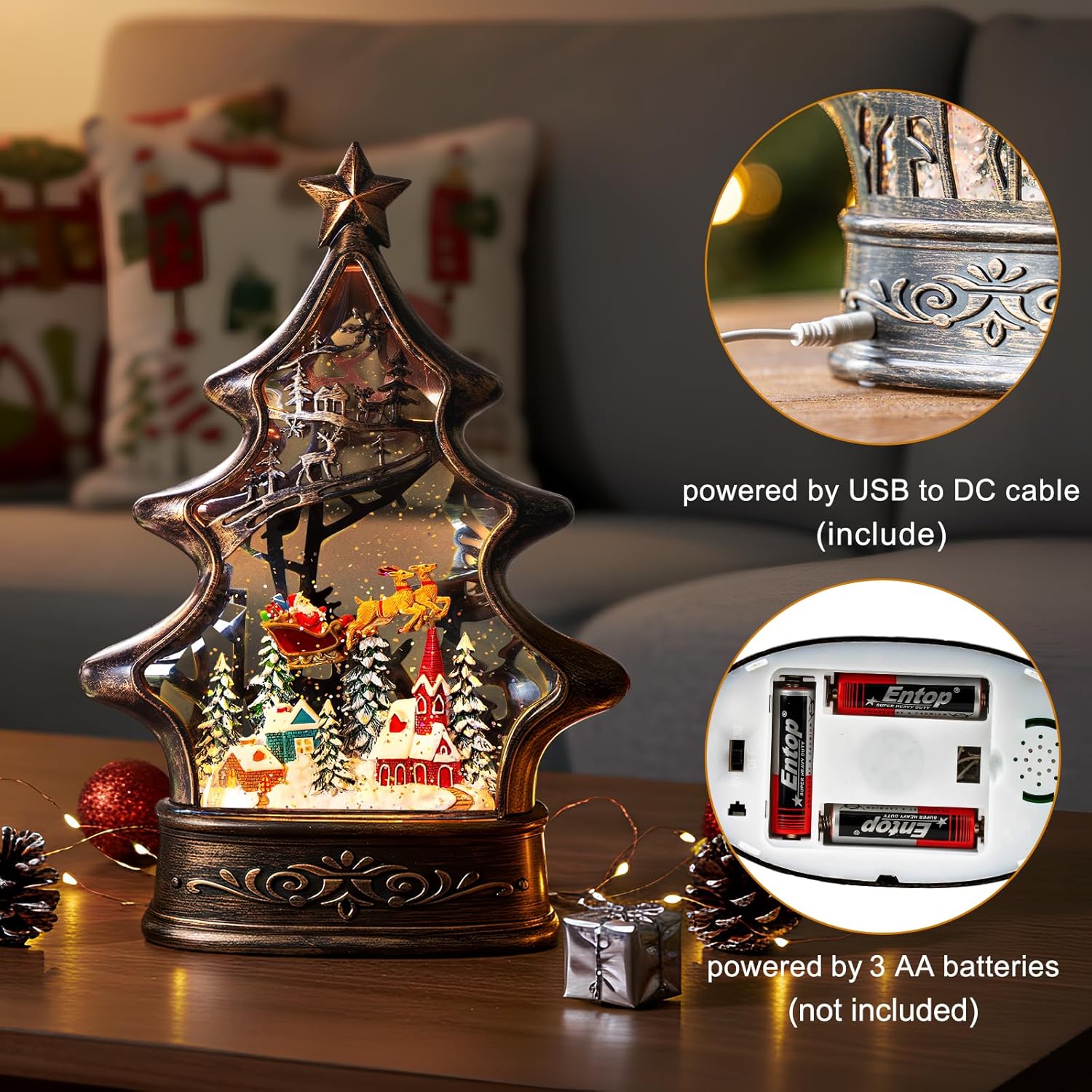 Regine Switzerland Christmas Snow Globe Lantern - Glittering Buildings & Santa's Deer | USB & Battery Operated with Music & Timer
