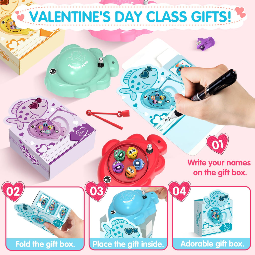 Valentines Day Gifts for Kids, 28Pcs Magnetic Fishing Game with Gift Cards Box, Wind-Up Fishing Toys with 360° Rotation for Girls Boys Ages 3-8 Valentines Party Favors Classroom School Exchange Prize