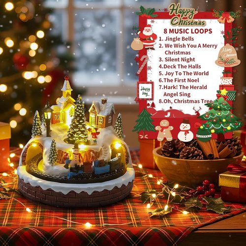 Christmas Village Decoration - Spinning Train & Tree, Musical Collectible with LED Lights | 8 Songs, Timer Function, Dual Power