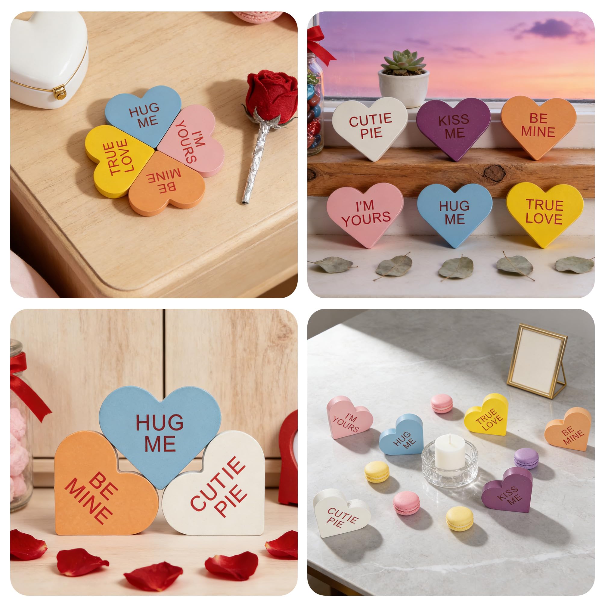 6 Pack Wooden Conversation Hearts Decor - Valentine Mantel Decor,Heart Signs for Home Shelf, Tiered Tray, Fireplace & Office Decorations