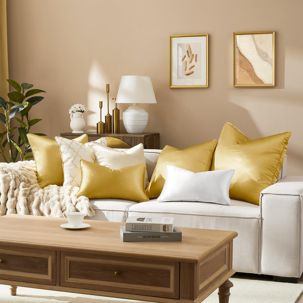 HOMEIDEAS Gold Decorative Throw Pillow Covers 18x18 Set of 2, Glossy Faux Silk Pillow Covers for Couch Sofa Bed Decor Luxury Euro Summer Cushion Covers
