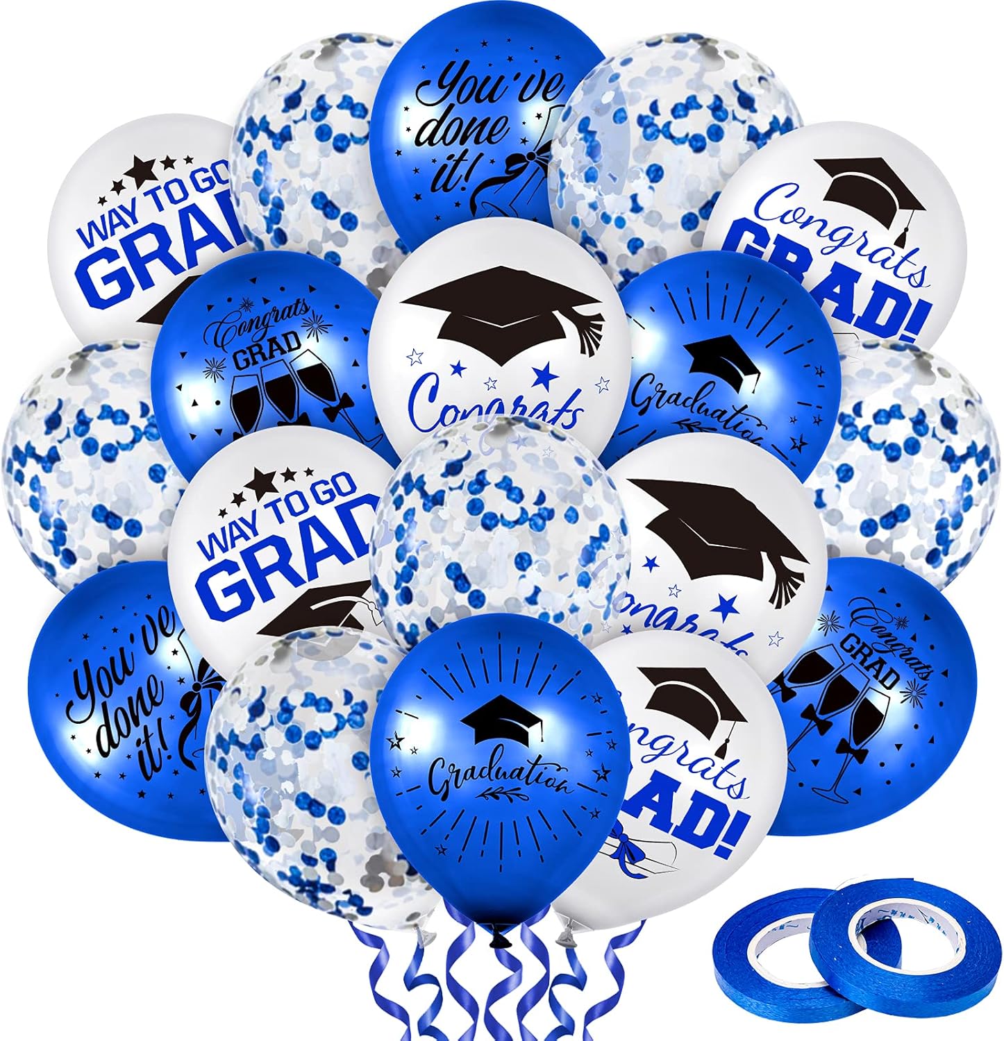 Whaline Graduation Party Balloon Set - 60 Pcs with Blue & White Confetti | 7 Designs & 2 Rolls of Ribbon