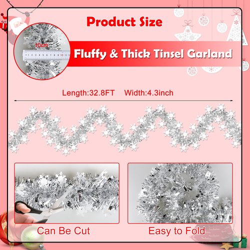 50 FT Christmas Decorations Tinsel Garland, Christmas Snowflake Garland Xmas Shiny Twist Metallic Garlands Decorations for Xmas Tree Home Indoor Outdoor Holiday Xmas Party Decor
