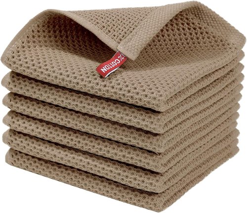 Homaxy 100% Cotton Waffle Weave Dish Cloths - Ultra Soft & Absorbent Quick Drying Towels | 12x12 Inches, 6-Pack, Tan