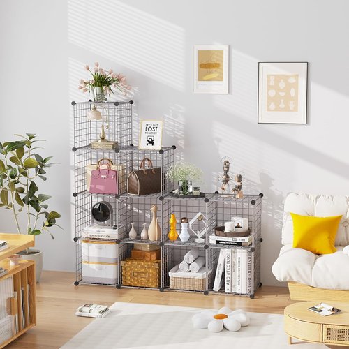 C&AHOME Wire Cube Storage - 12-Cube Organizer with Modular Metal Grids | Ideal for Home & Office, Silver Gray, 36.6”L x 12.4”W x 48.4”H
