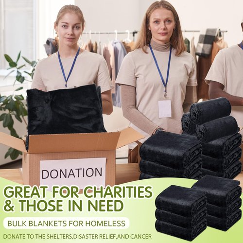 Toulite 24 Pcs Bulk Flannel Fleece Blankets for Homeless Donations Cozy Fleece Throw Blankets Winter Throw Blanket Bulk for Donations Bed Couch Sofa Home Camping Wedding Gifts(Black,50x60 Inch)