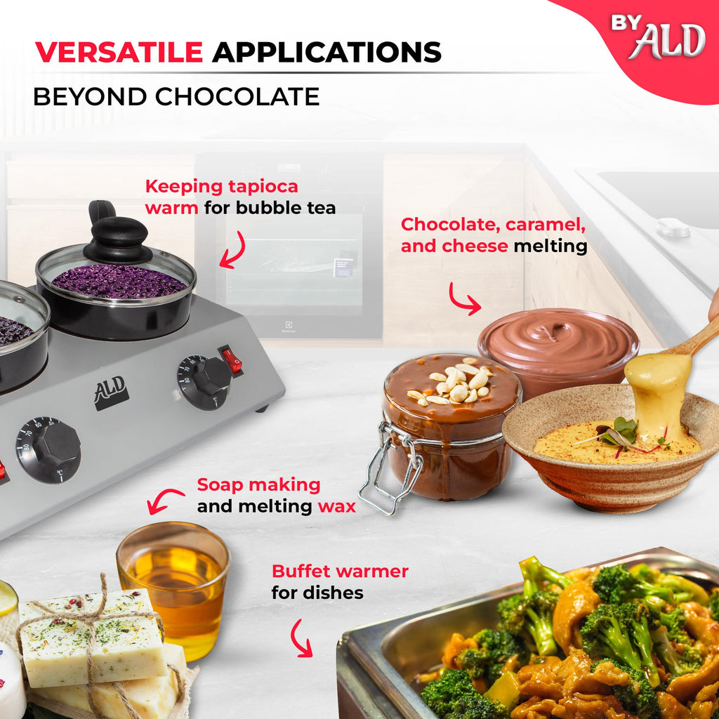 ALDKitchen Professional Chocolate Melting Pot – Dual 1.2L Stainless Steel Tanks, Manual Temperature Control, 110V, Ideal for Candy Making, Baking, and Dessert Decoration (4.5 lb (2.4 kg))