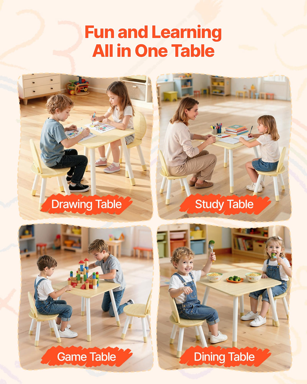 VEVOR Kids Table and 2 Chairs Set, Toddler Table and Chair Set with Rounded Edge Design & Graffiti Desktop, Wooden Desk for Art, Craft, Reading, Learning, Drawing, Classroom/Daycare/Home, Burlywood