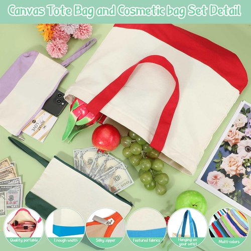 Sanwuta 30 Pcs Canvas Tote Bags Bulk with Zipper Cosmetic Pouch 18.5" Reusable Cotton Shopping Bag with Handle for DIY Craft (Colorful)