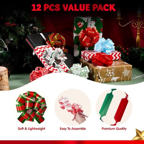 JOYIN 12 PCS Large Christmas Pull Bows - 5” Wide Gift Wrapping & Holiday Décor for Trees, Wine Bottles, & More