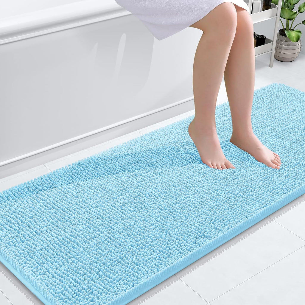 OLANLY Bathroom Runner Rugs - Soft Chenille Bath Mats with Rubber Backing | Quick Dry, Machine Washable, 59x24, Sky Blue
