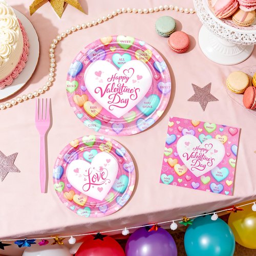 Avezano 96 pcs Valentines Plates and Napkins Disposable Happy Valentine's Day Paper Plates Conversation Hearts Tableware Serve 24, Pink