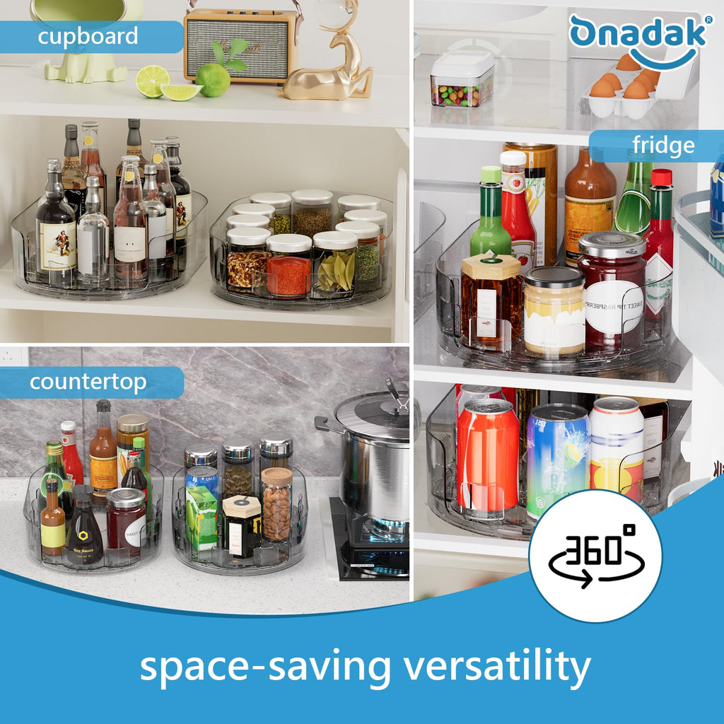 Onadak Lazy Susan Turntable Organiser for Fridge, 360°Rotating Spice Racks for Kitchen Cabinet, Fridge and Pantry Organizer, 33 X 7.5cmClear PET Revolving Condiment Holder﻿