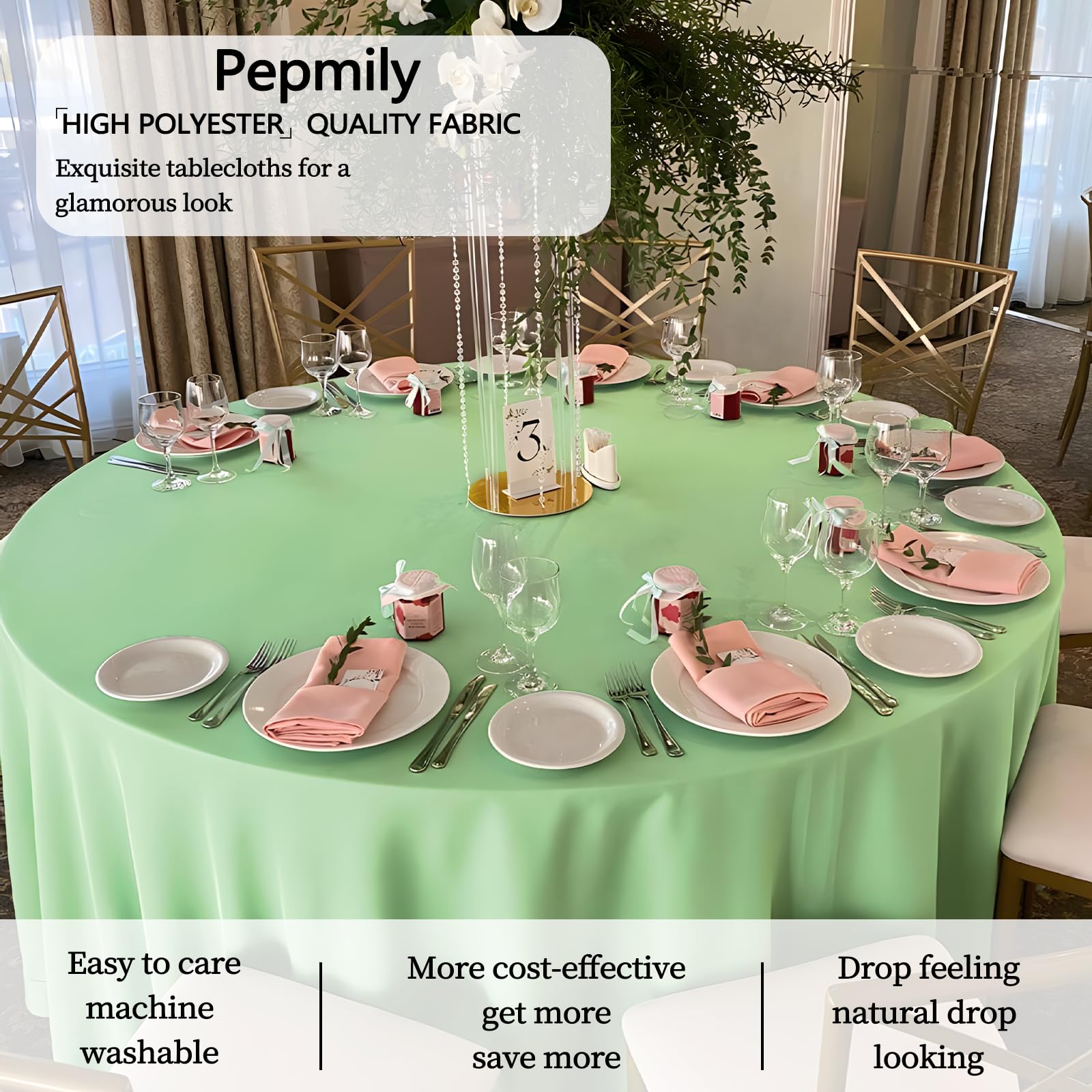 pepmily 8 Pack Light Green Round Tablecloth 120 Inch Round Table Cloth, Wrinkle Resistant and Washable Tablecloth Polyester Fabric Table Cloth Round Cover for Dining Wedding Banquet Party