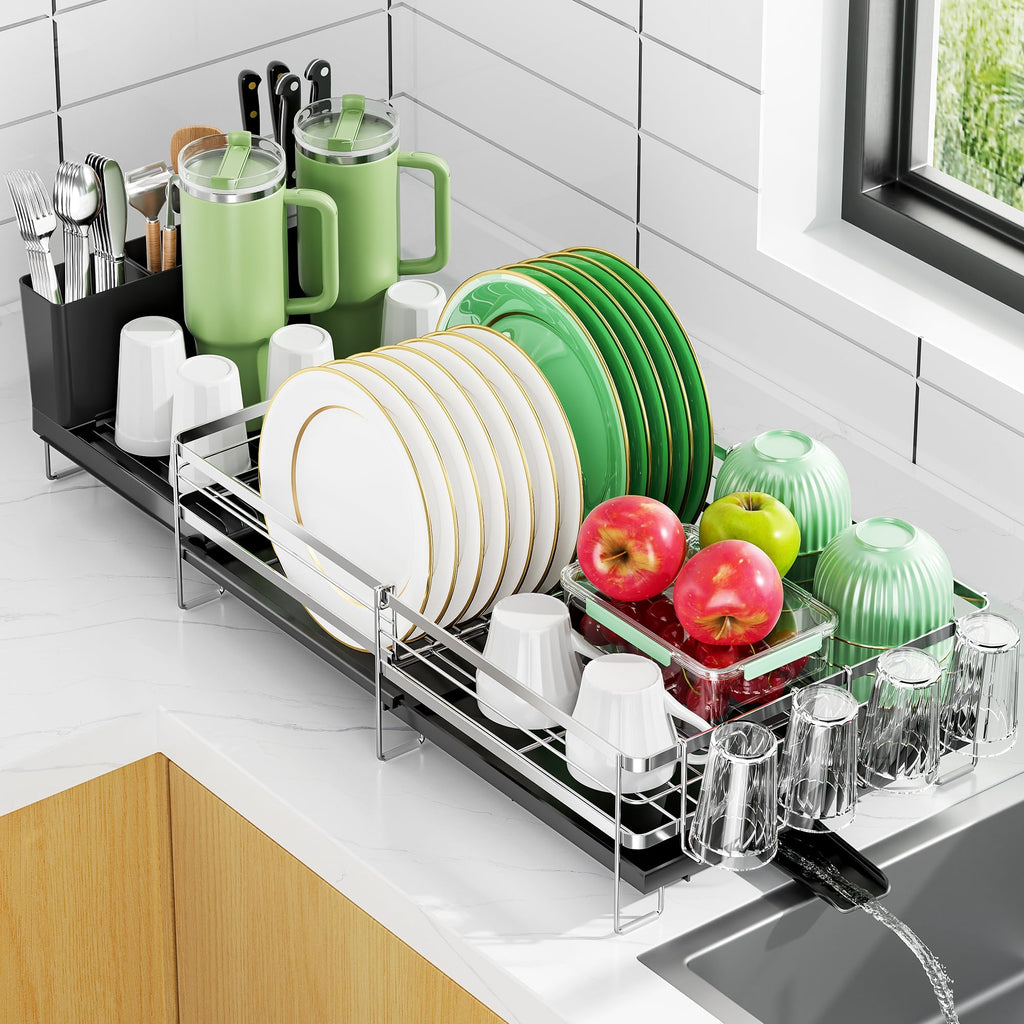 Pantasia Large Dish Drying Rack, Expandable Dish Rack, Stainless Steel Anti-Rust Dish Racks for Kitchen Counter, Multifunctional Dish Drainer with Utensil Holder & Cup Holder, 13.4"-28.7" L x 11.8" W