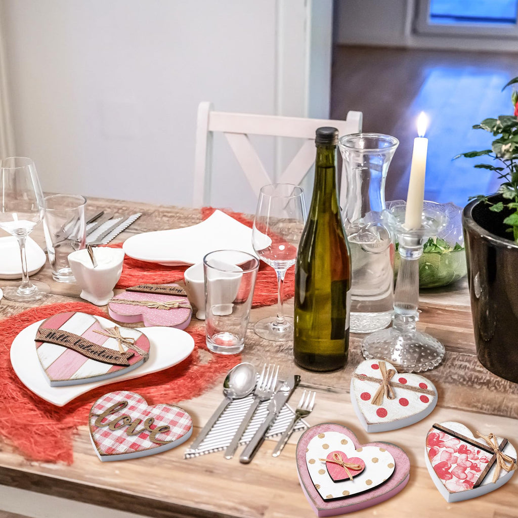 Wonderjune 6 Pcs Valentine‘s Day Decorations Rustic Heart Shaped Wooden Sign Farmhouse Love Wood Block Table Centerpiece Valentines Tiered Tray Decor for Valentines Day Wedding Home(Cute Style)