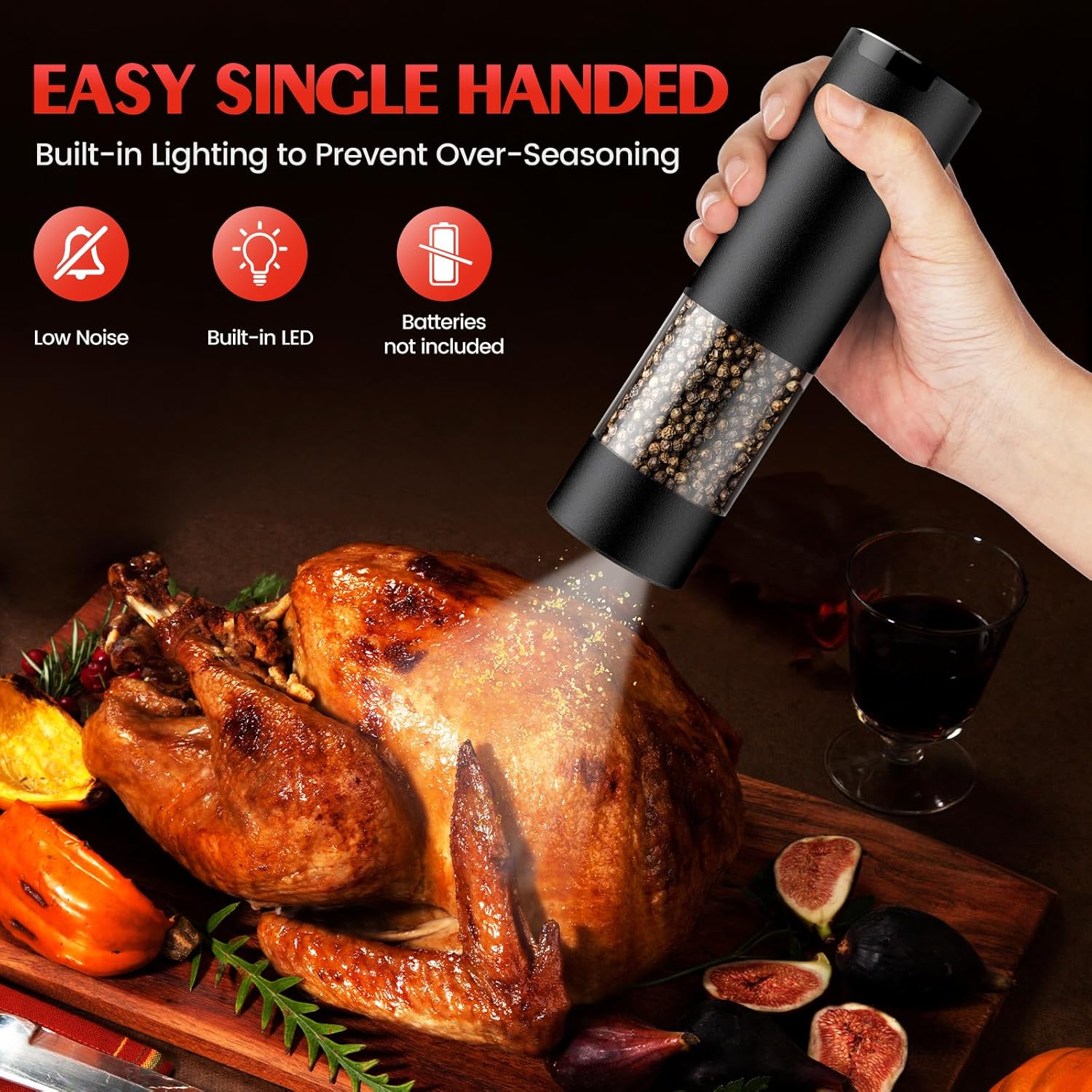 Skiennix Electric Salt and Pepper Grinder Set - Automatic Kitchen Mill with Adjustable Coarseness | Larger Capacity & LED