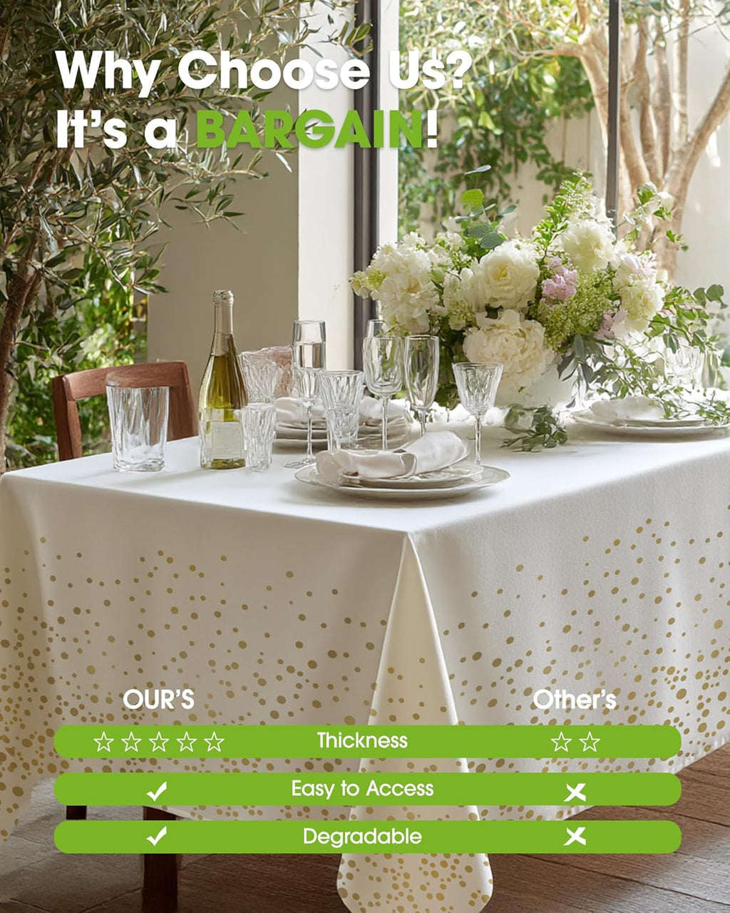 Pureegg Disposable Plastic Tablecloths - 10 Pack, 54 x 108 Inch, Leakproof & Sturdy for Graduation | White & Gold