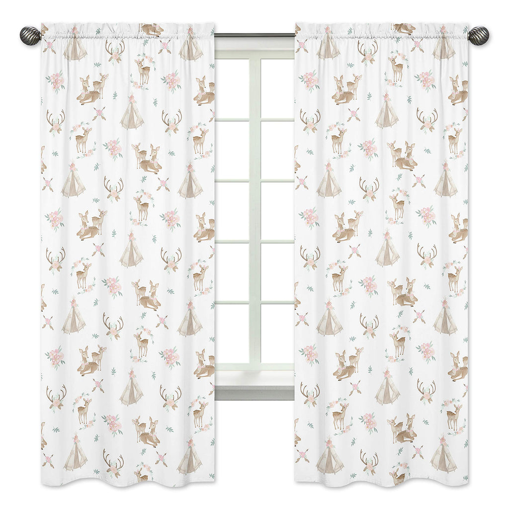 Sweet Jojo Designs Blush Pink, Mint Green and White Boho Window Treatment Panels Curtains for Woodland Deer Floral Collection - Set of 2