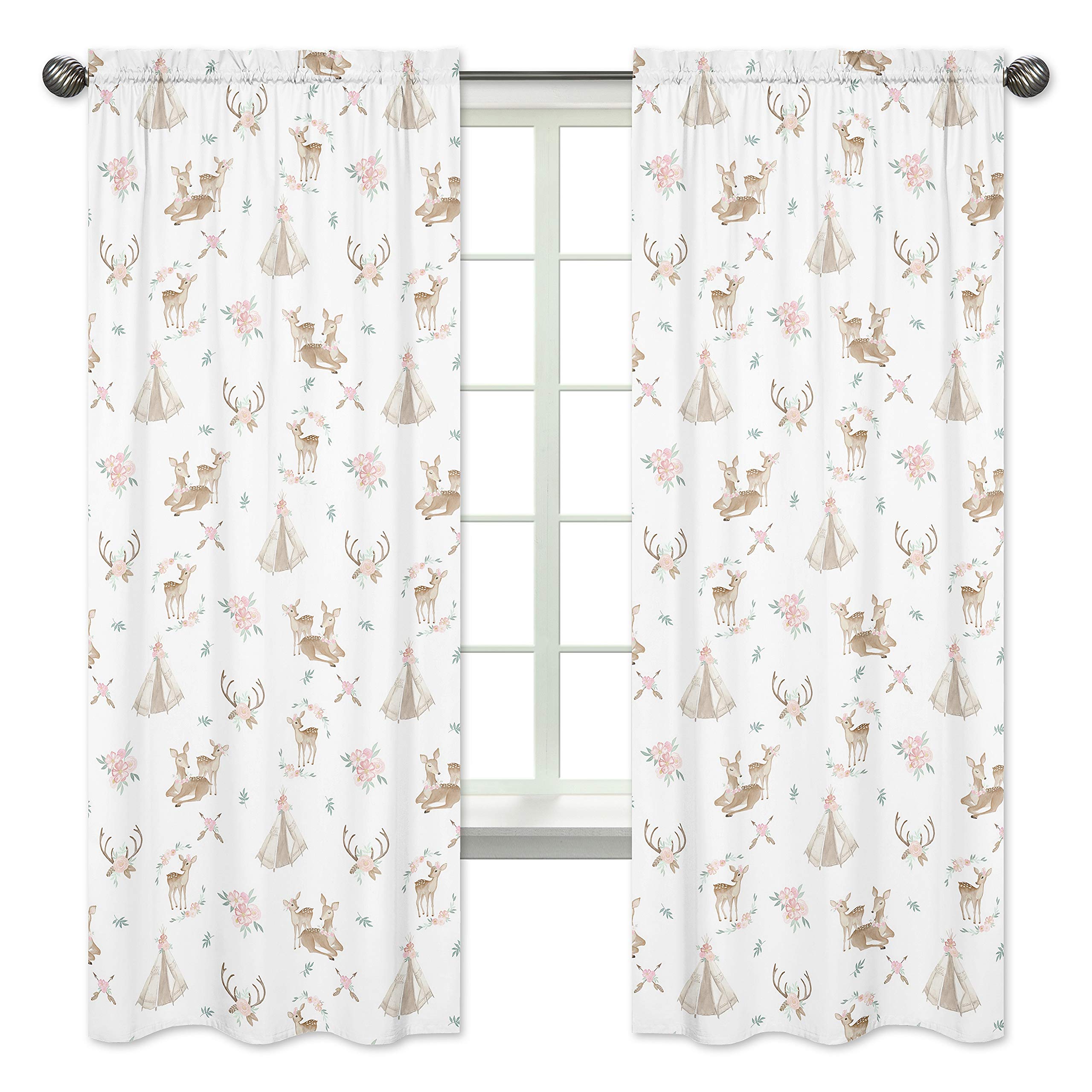 Sweet Jojo Designs Blush Pink, Mint Green and White Boho Window Treatment Panels Curtains for Woodland Deer Floral Collection - Set of 2