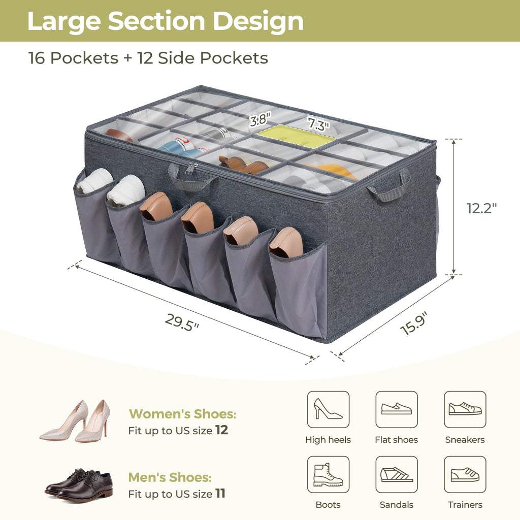 STORAGEIDEAS Shoe Organizer for Closet, Shoe Storage Solution with Clear Cover & Adjustable Dividers, Fabric Shoe Box Fits 16 +12 Pairs Shoes, Grey, 1-Pack