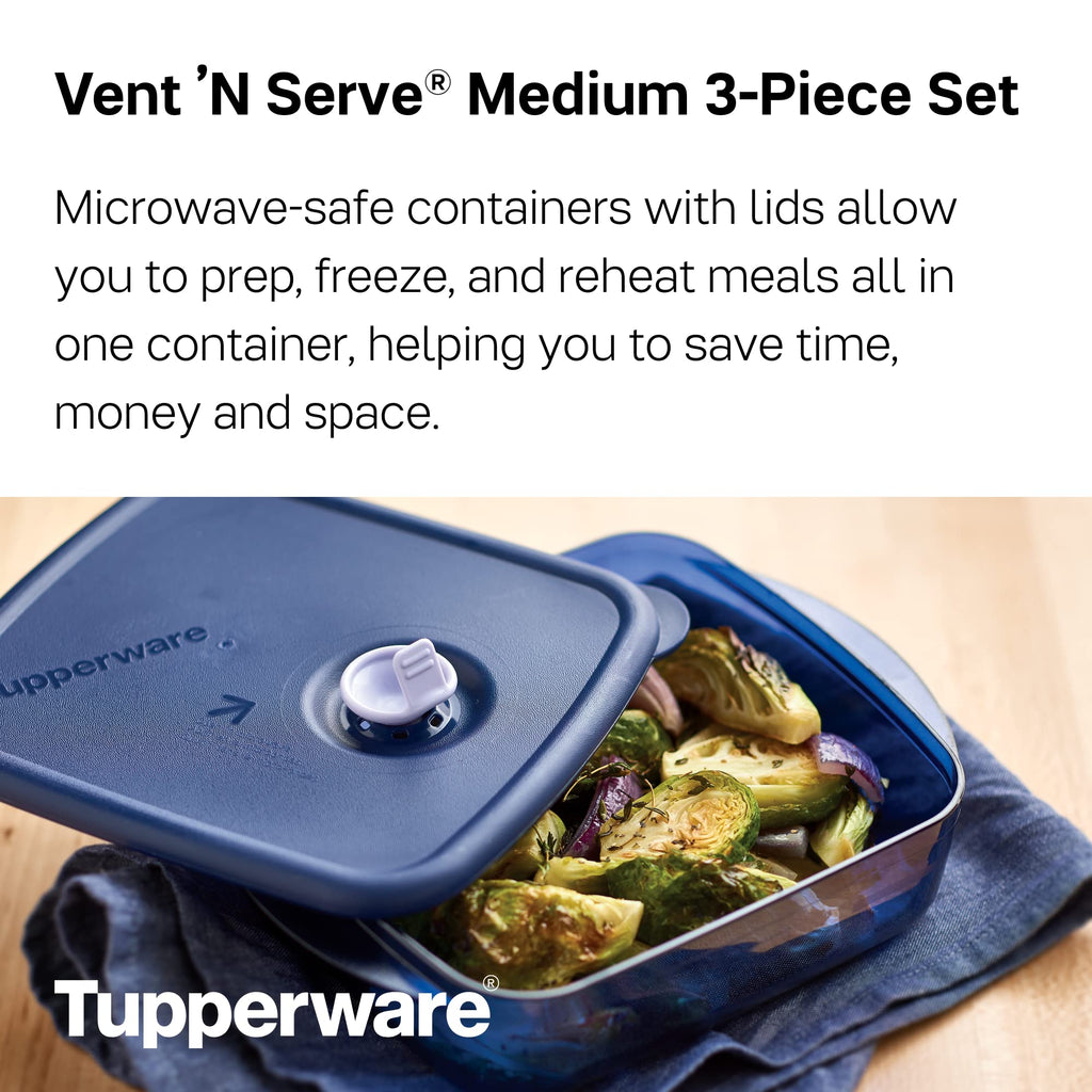 Tupperware Brand Vent ‘N Serve Container Set - 3 Medium Shallow Containers to Prep, Freeze & Reheat Meals + Lids - Dishwasher, Microwave & Freezer Safe - BPA Free