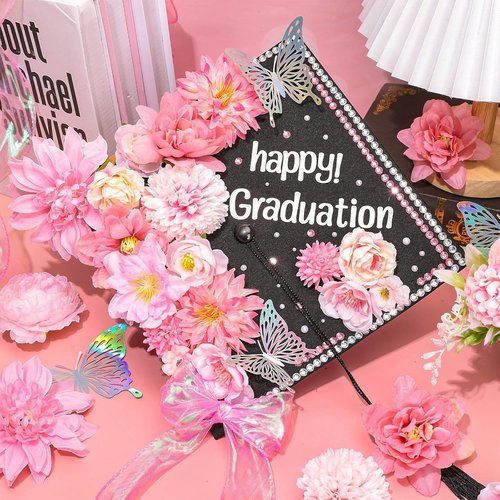 FYSUIMU Graduation Cap Decorations Kit - DIY Pink Grad Hat Toppers with Flowers & 3D Butterfly Stickers