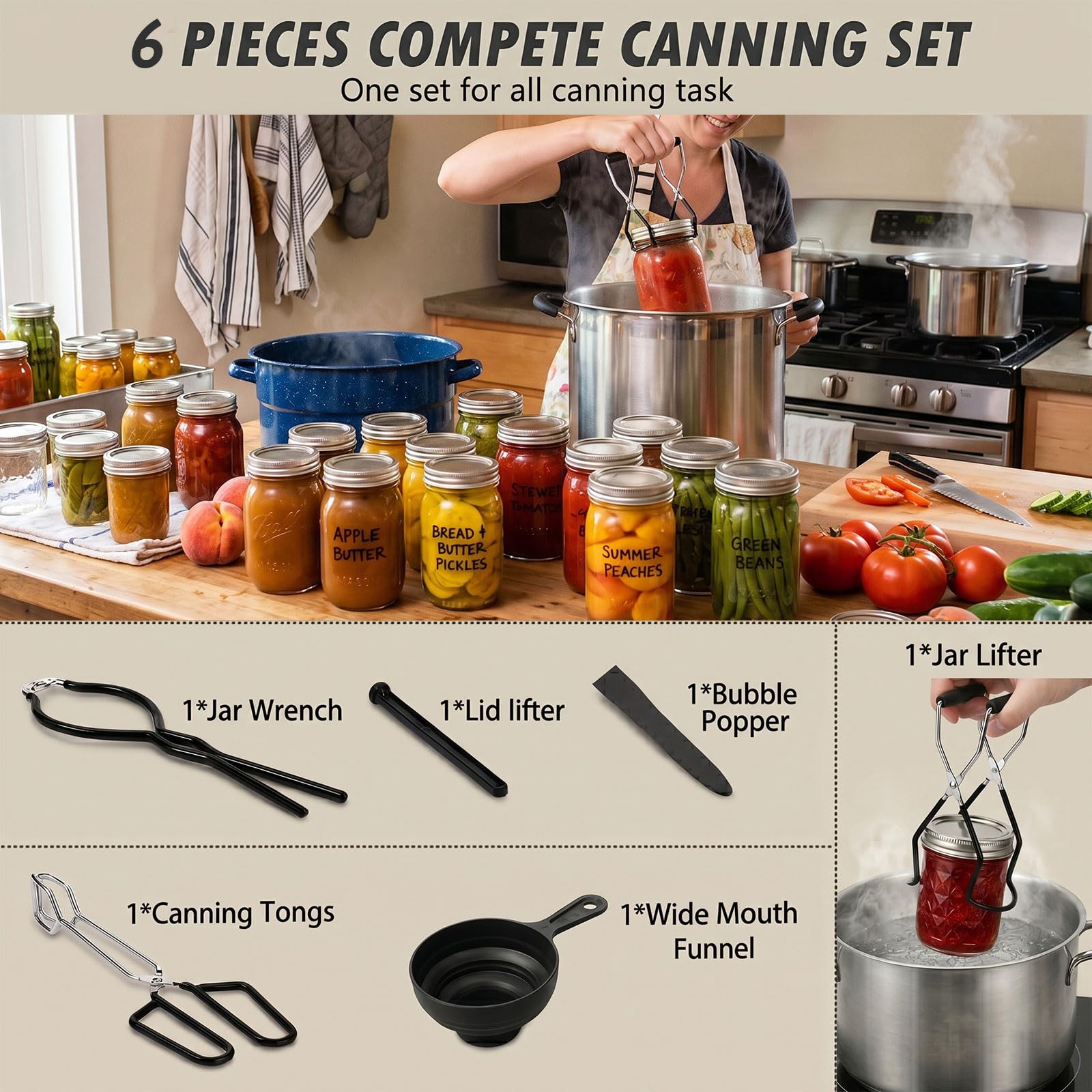 Canning Supplies Starter Kit Canner Tools for Water Bath and Pressure Canning Utensil Set includes Jar Lifter, Tongs, Funnel, Wrench, Lid Lifter for Beginners