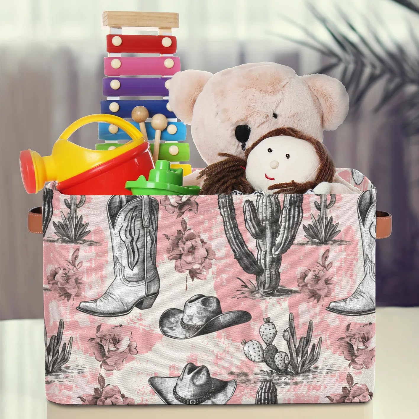 OMFUNS Western Cowboy Rectangle Storage Basket Cactus Foldable Storage Bin Cubes with Handles Large Organizer Bins Boxes Toy Closet Shelf Nursery Laundry Basket, 1 Pcs