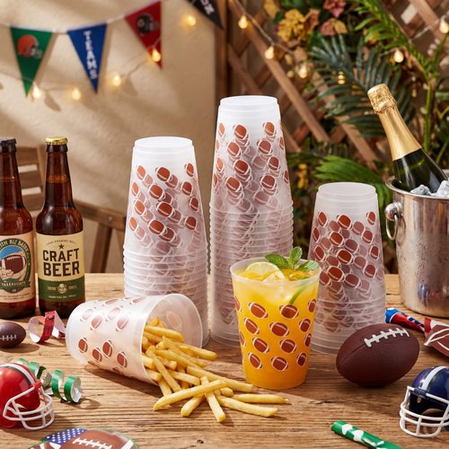 Tioncy 50 Pcs 16oz Football Frosted Plastic Cups, Football Plastic Cups, Clear PP Frosted Reusable Cup Bulk for Sports Game Party Decorations Hot Coffee Wine Cold Drinks Supplies