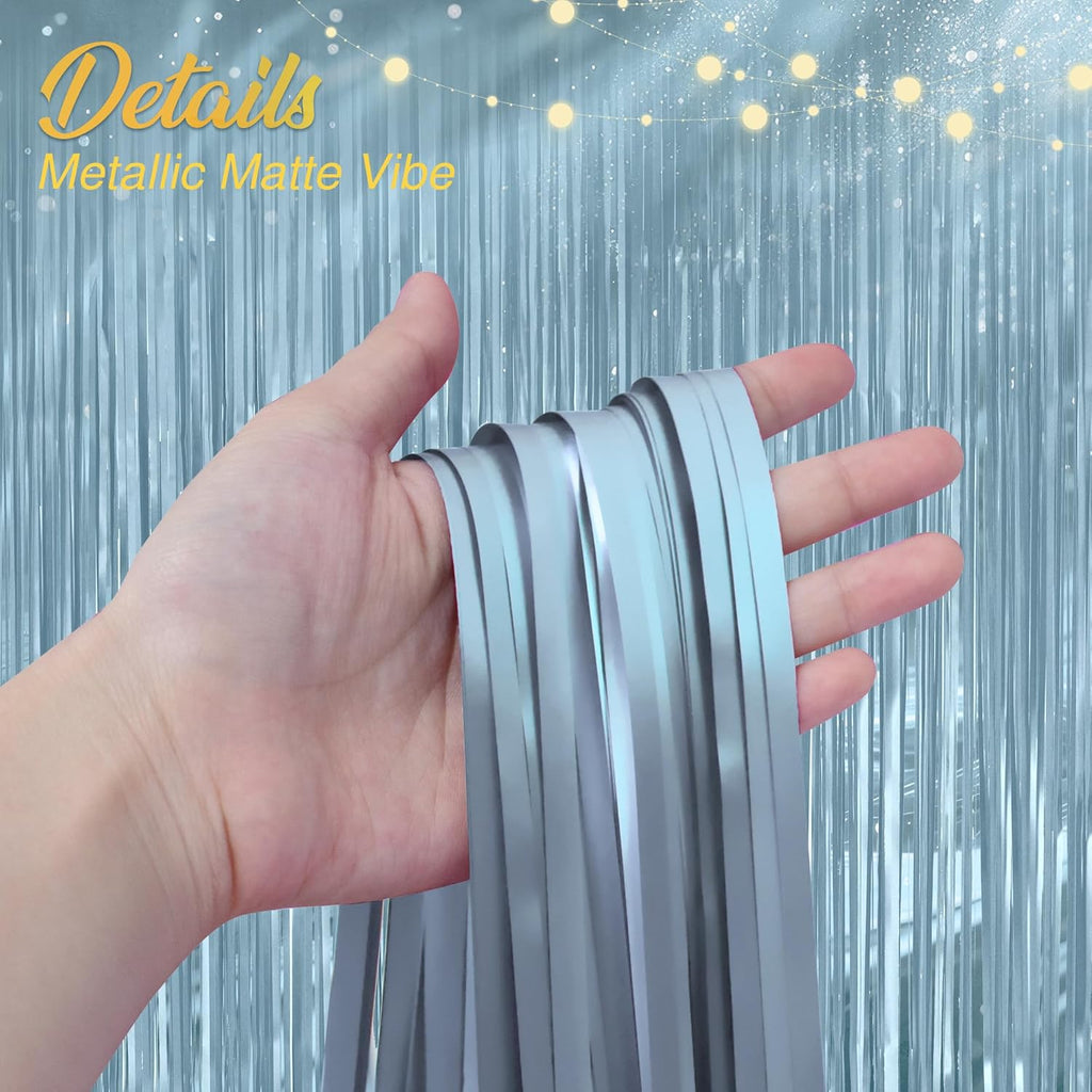 Skiennix 2 Pack Metallic Light Blue Fringe Backdrop - 3.2x8.2ft Shining Foil Tinsel Curtains for Parties & Events