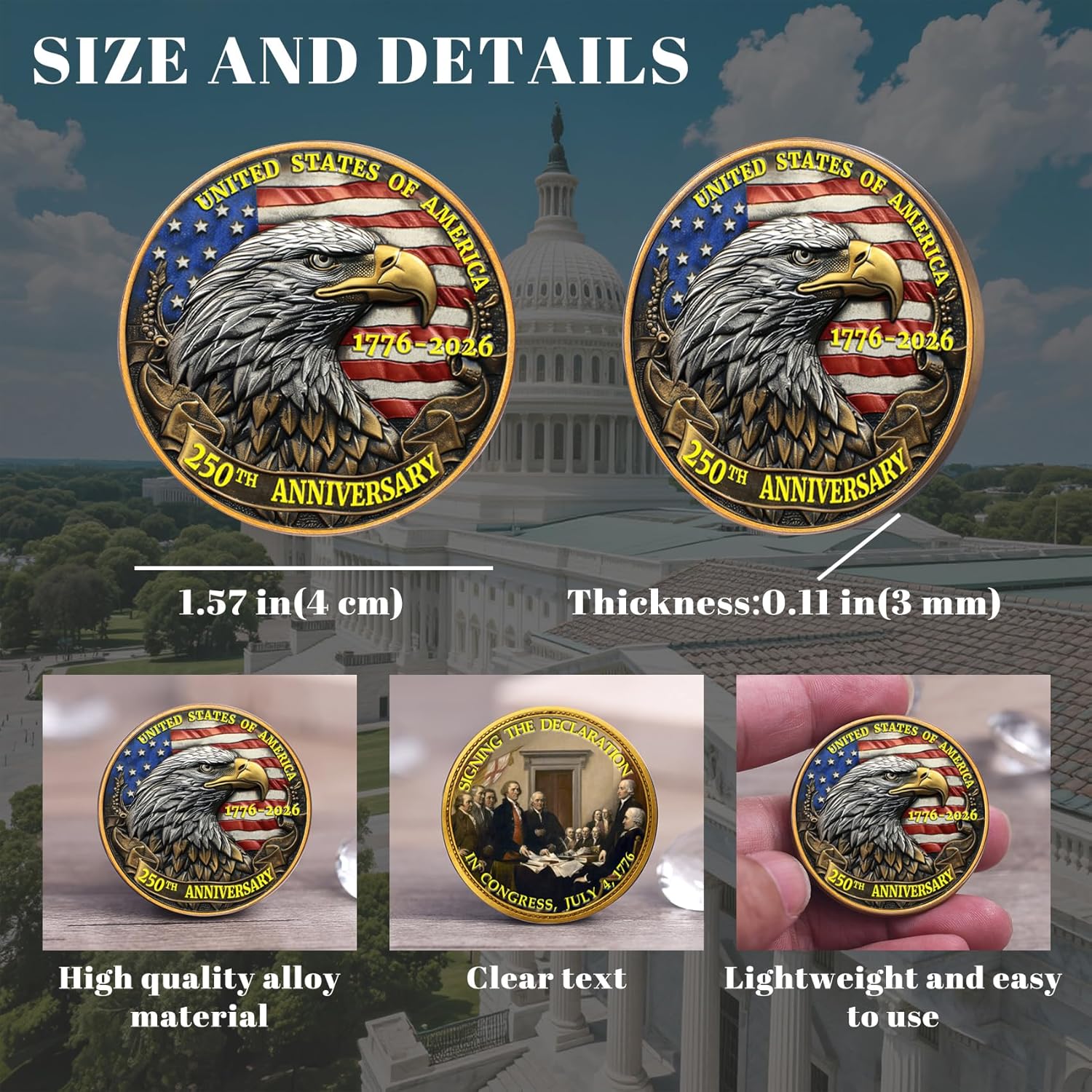 USA 250th Anniversary Commemorative Coin - American Eagle & Patriotic Symbols | Perfect Gift for Celebration (1776-2026)