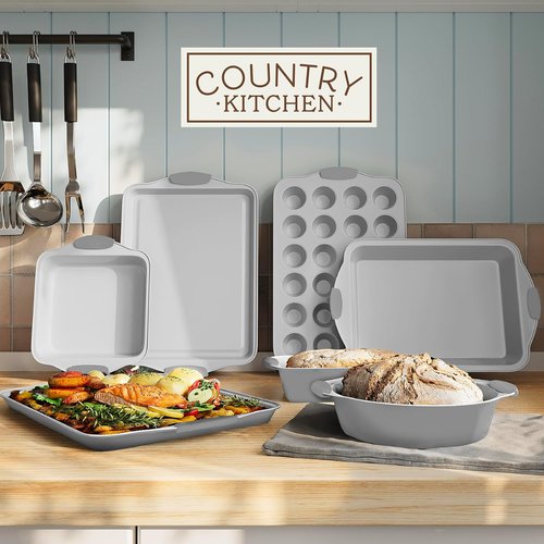 Country Kitchen Nonstick Bakeware Set - Heavy Duty & Durable 10-Piece Stackable Baking Set, Silver