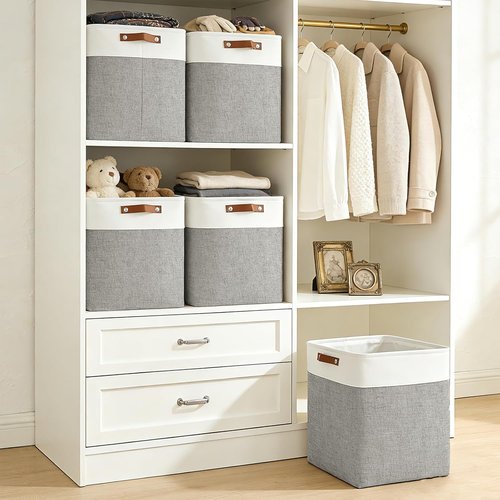 Bagnizer Large Fabric Storage Baskets - 50L Decorative Linen Bins with Handles for Organizing | Grey & White, 17x12x15 Inches