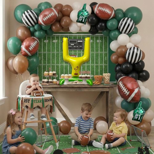140PCS Football Party Balloon Arch Kit – Game Day Decorations with Football Foil Balloons, Referee Stripe Balloons, #1 Hand Balloons & Field Goal Post, Green Brown Black Balloon Garland