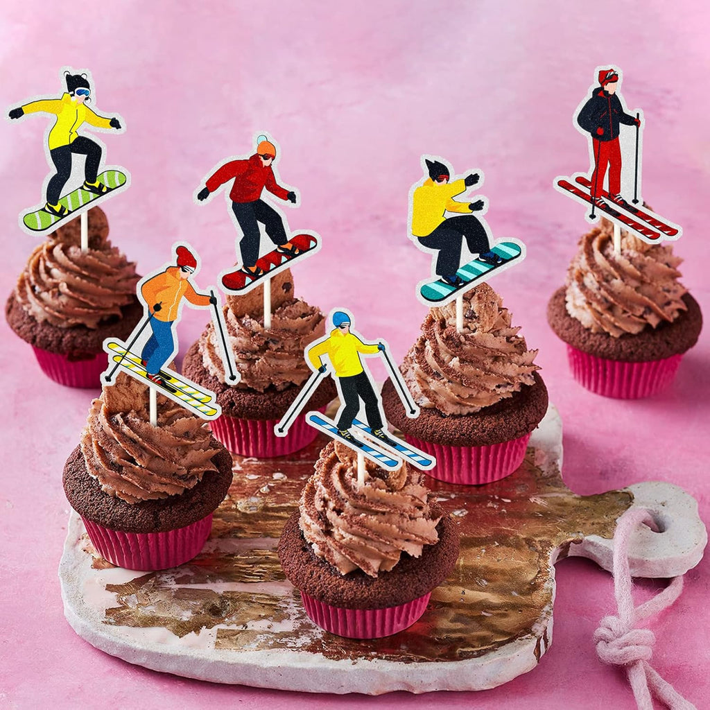 Skiennix Ski Theme Cupcake Toppers - Rainbow Glitter Cake Decorations for Ski Lovers | 18PCS