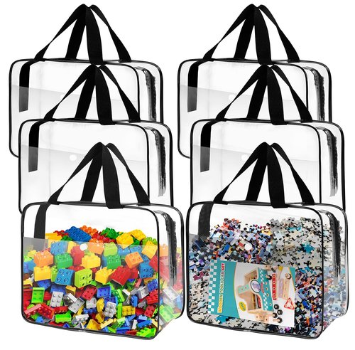 6 Packs Clear Toy Storage Bags, Large Transparent PVC Toy Organizing Bags with Zipper, Reusable Waterproof and Dust-Proof Toy Organizer Pouch for Building Blocks, Puzzles, Small Toys, and Kids Books